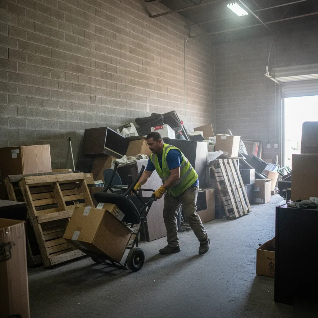 Worker hauling office debris during commercial junk removal in Phoenix warehouse