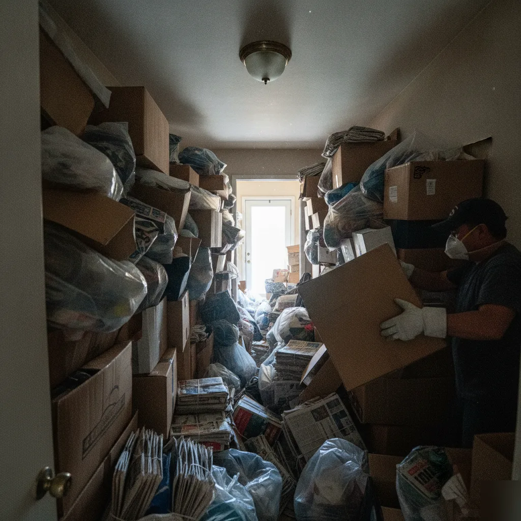 Hallway filled with clutter before a hoarder house cleanout in Phoenix