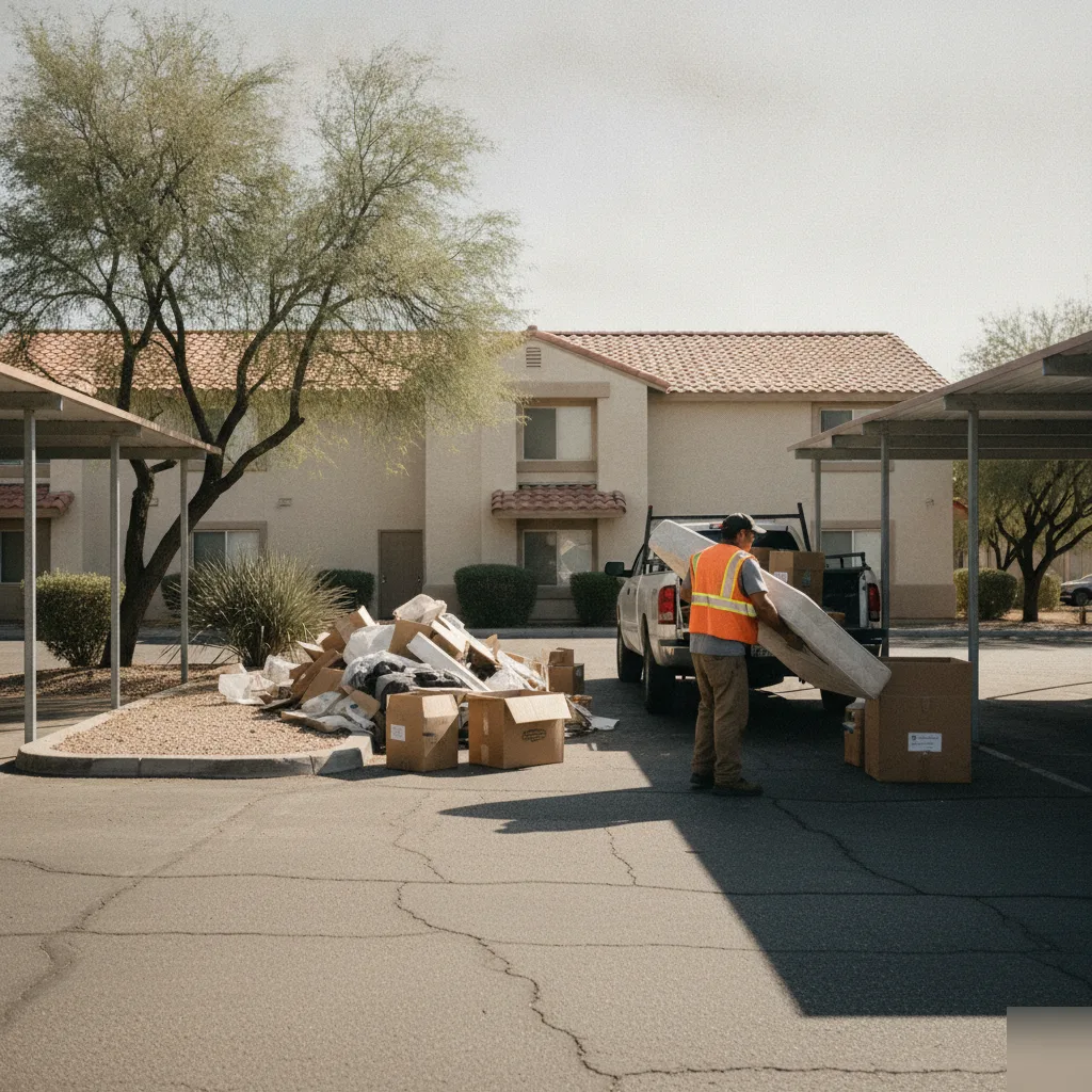 junk-removal-service-phoenix-cholla-library-apartment-bulk-pickup Junk removal crew loading bulk items near Cholla Library apartments in Phoenix