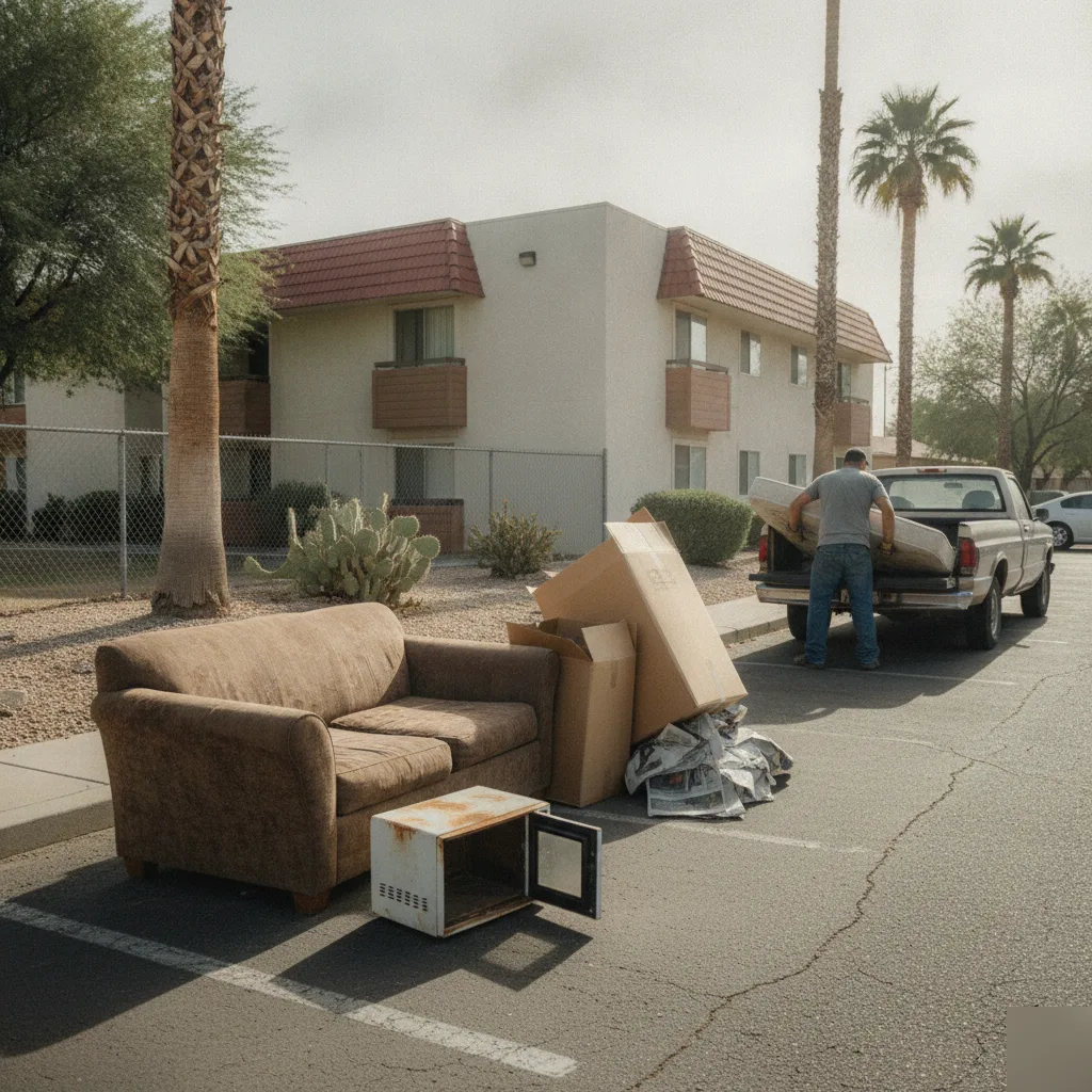 junk-removal-cortez-park-phoenix-apartment-cleanout Junk removal worker loading old furniture near Cortez Park apartments in Phoenix