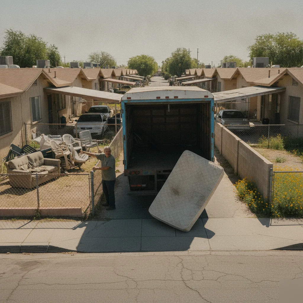 junk-removal-truck-cortez-park-phoenix-duplex-street Junk removal truck parked on residential street near Cortez Park in Phoenix