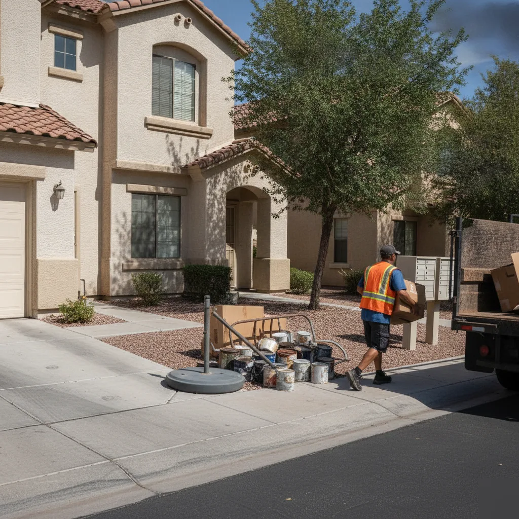 junk-removal-service-pinnacle-dog-park-phoenix-townhome-cleanout Junk removal worker loading discarded items near Pinnacle Dog Park in Phoenix