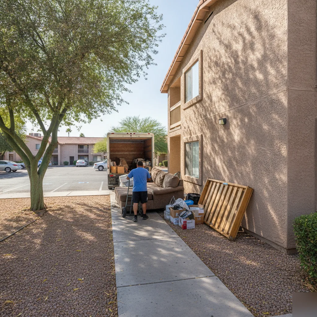 junk-removal-rose-mofford-apartment-furniture-hauling-phoenix Junk removal worker hauling furniture from apartment near Rose Mofford Sports Complex Phoenix