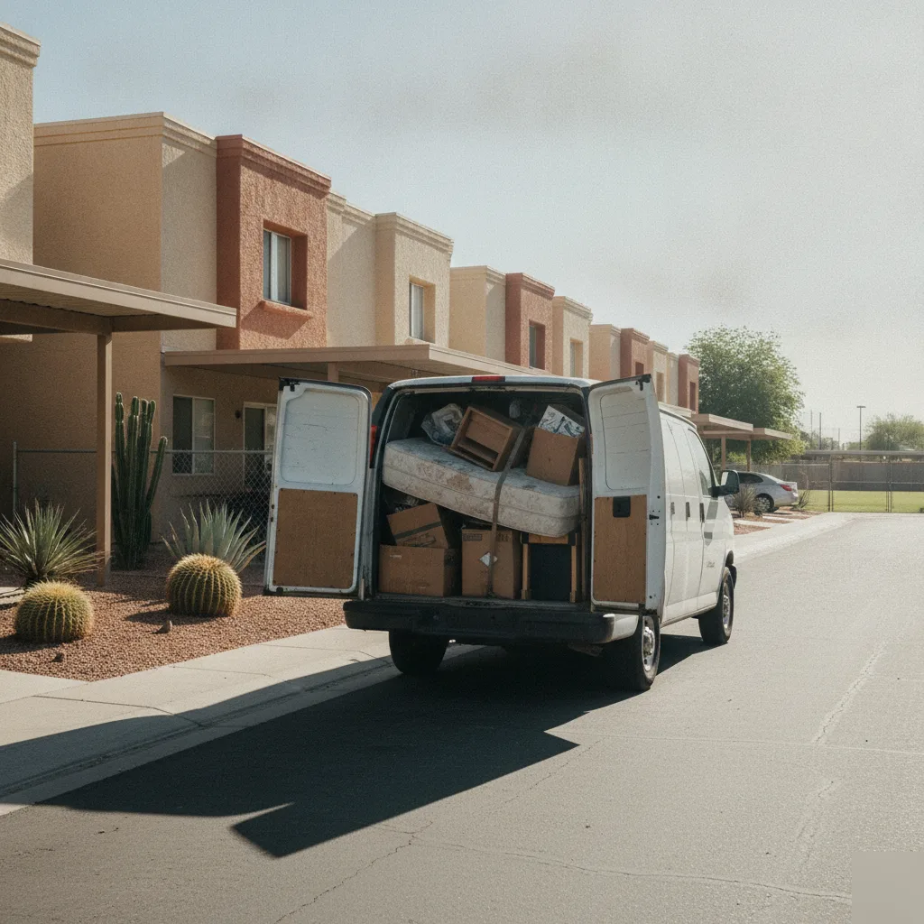 junk-removal-van-condo-street-rose-mofford-phoenix Junk removal van parked near condo street by Rose Mofford Sports Complex Phoenix