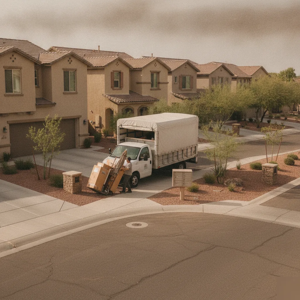 junk-removal-truck-street-near-scottsdale-bible-church-phoenix Junk removal truck on residential street near Scottsdale Bible Church at Cactus in Phoenix