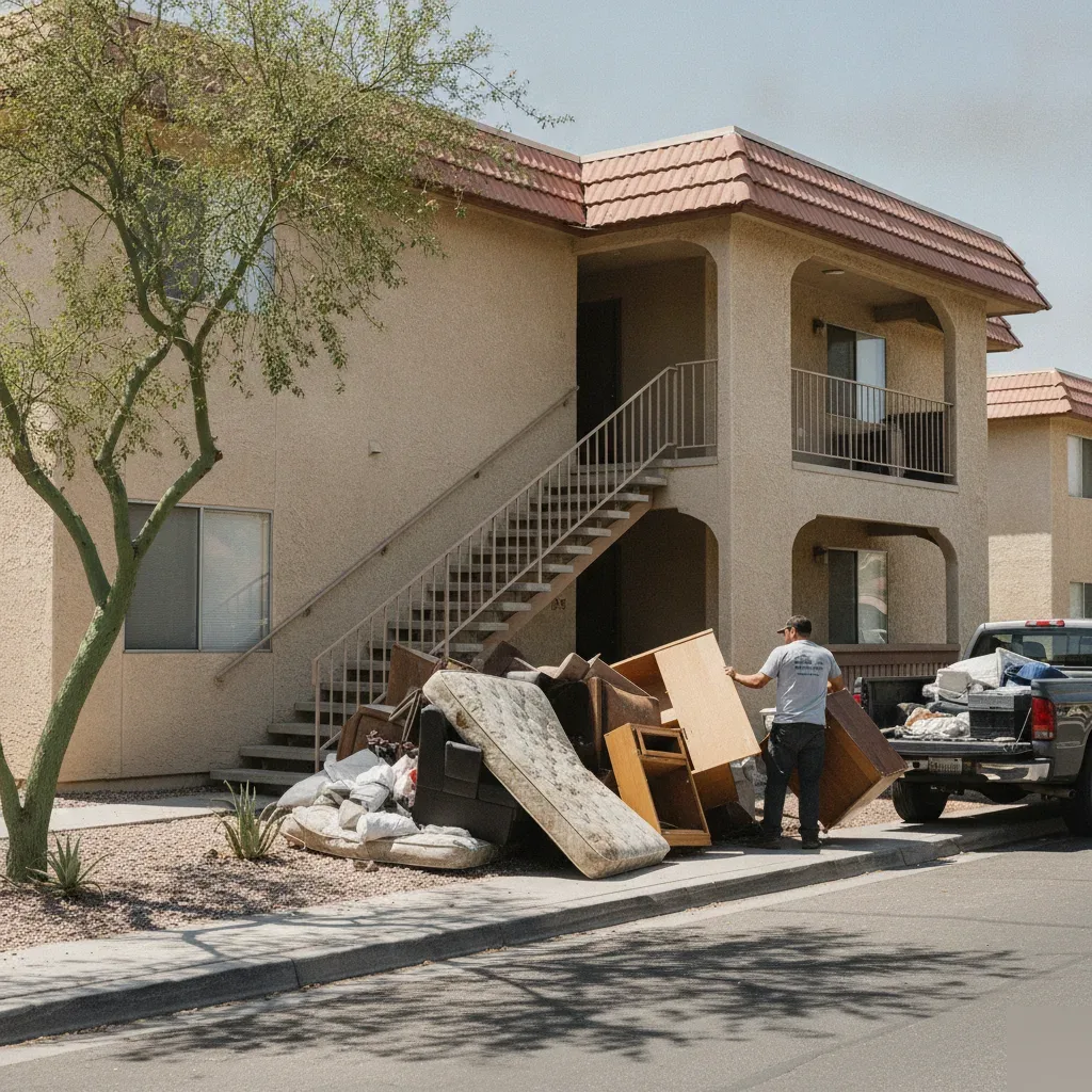 Junk Removal Phoenix worker hauling furniture from a Phoenix rental duplex