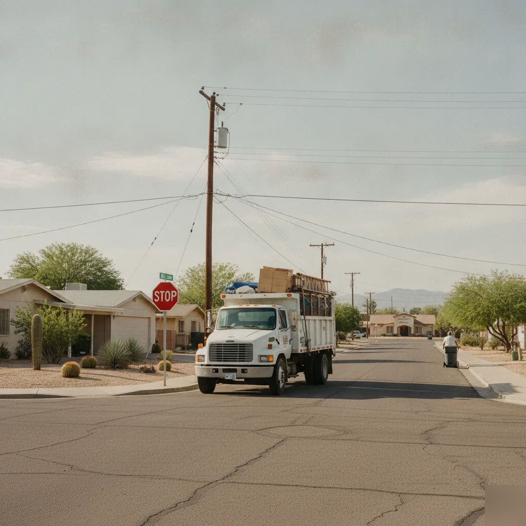 junk-removal-truck-street-mission-valley-church-phoenix Junk removal truck on residential street near Mission Valley Church in Phoenix neighborhood