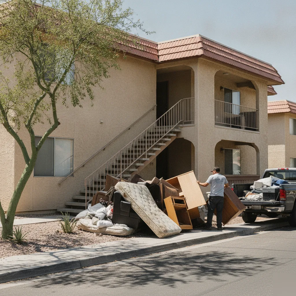 junk-removal-rental-duplex-palomino-park-phoenix Junk removal worker hauling furniture from Phoenix rental duplex near Palomino Park