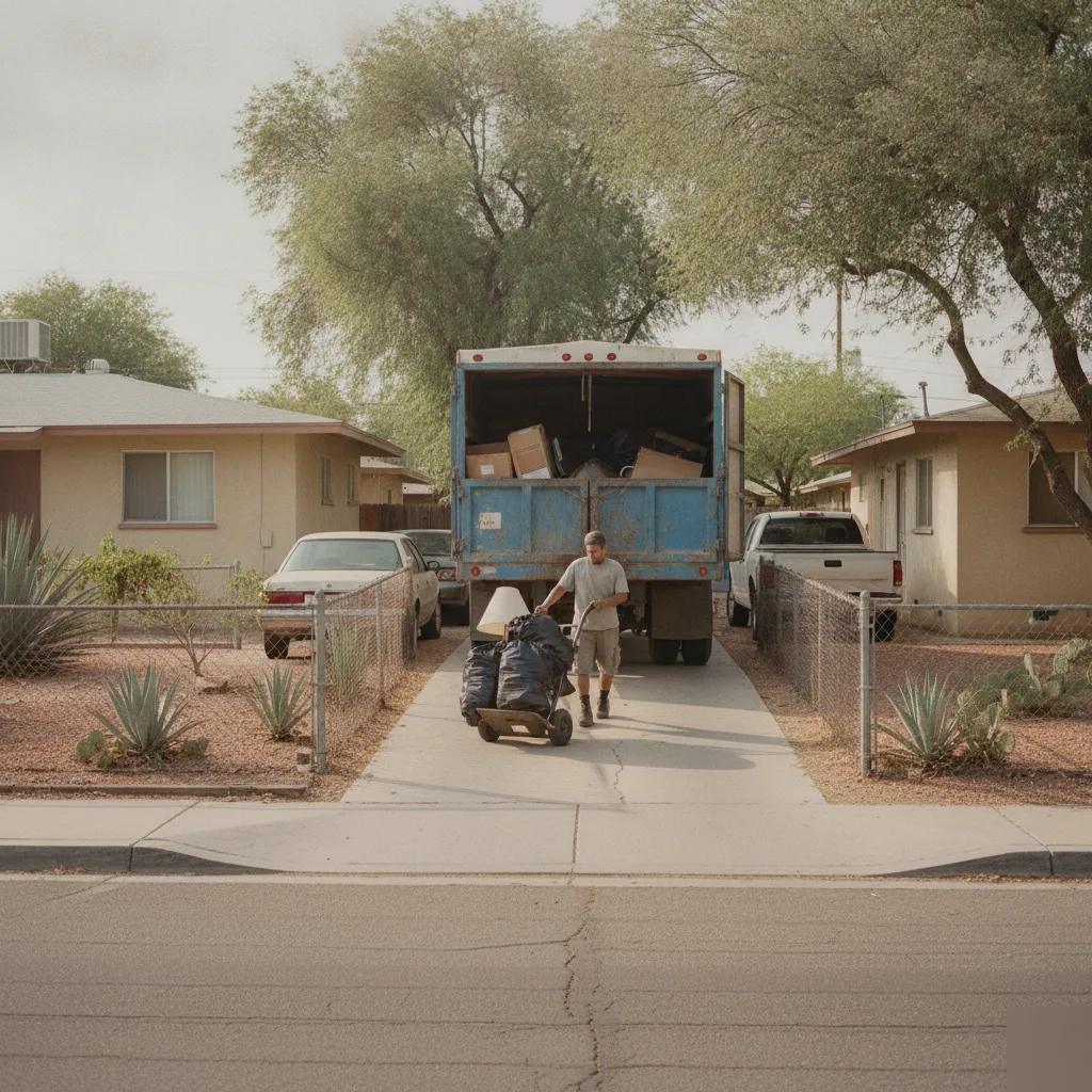 junk-removal-truck-street-palomino-park-phoenix-neighborhood Junk removal truck on residential street near Palomino Park apartments in Phoenix