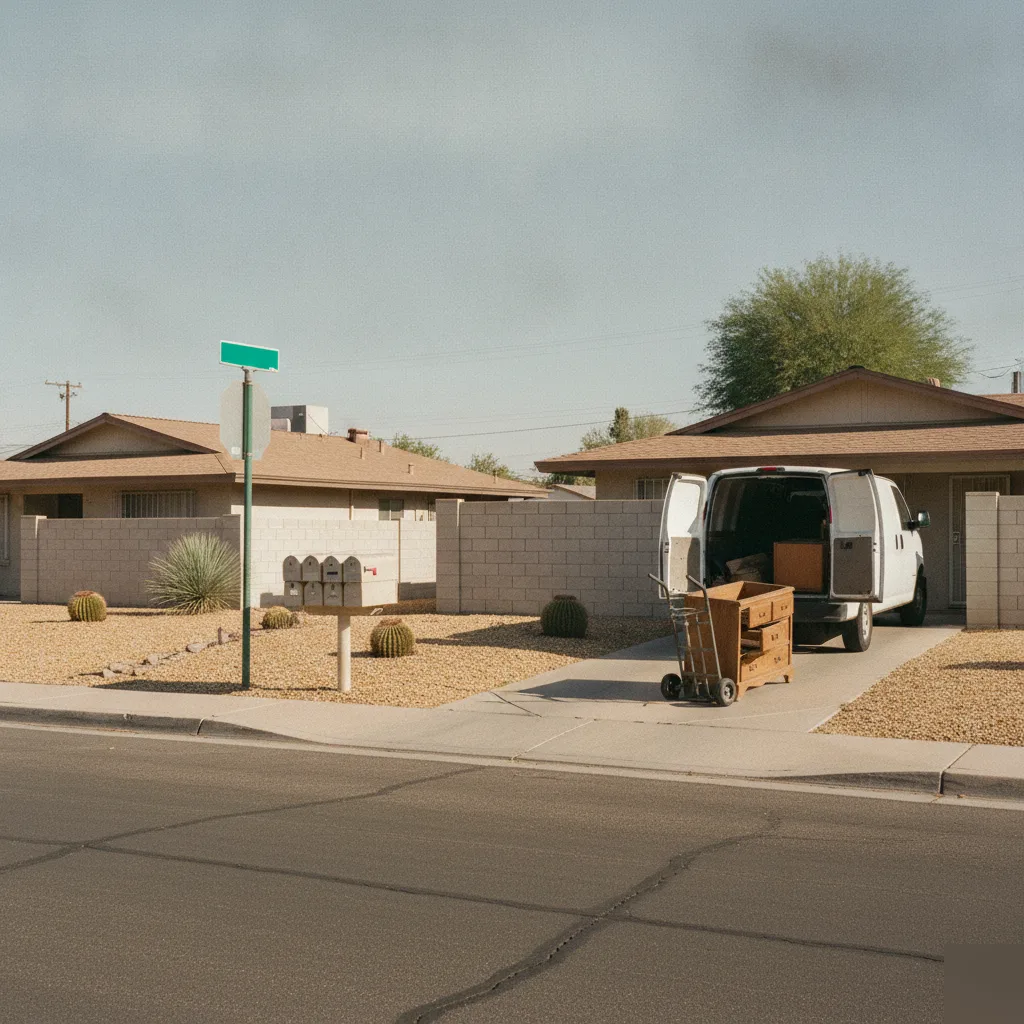 junk-removal-van-neighborhood-paradise-valley-phoenix Service van on residential street near Paradise Valley Community College in Phoenix