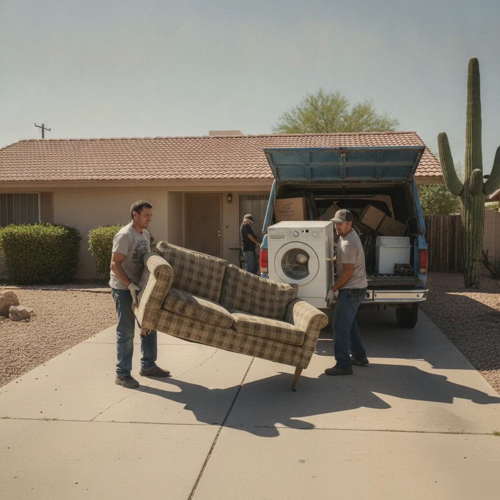 junk-removal-phoenix-shiloh-community-church-home-pickup Crew loading old couch and washer from Phoenix home near Shiloh Community Church